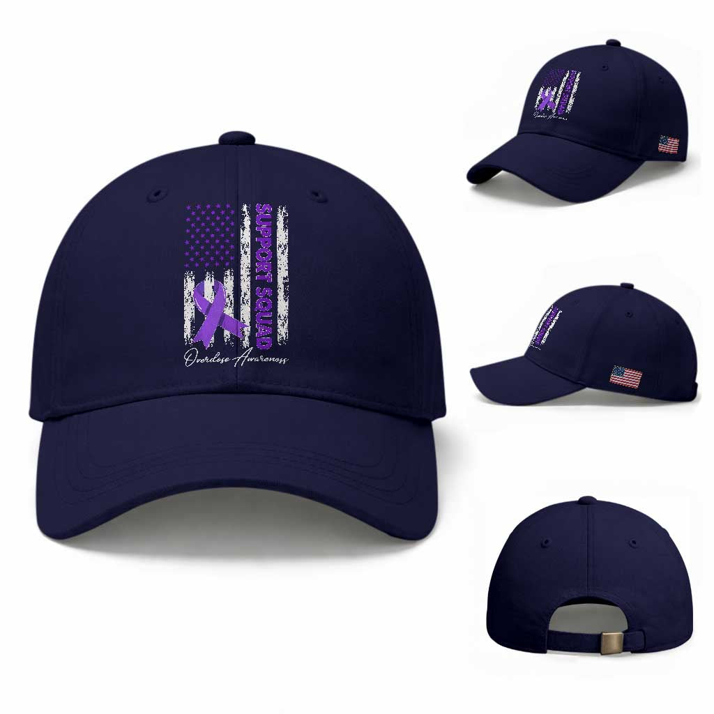 Support Squad Overdose Awareness Baseball Cap Purple Ribbon American Flag Graphic
