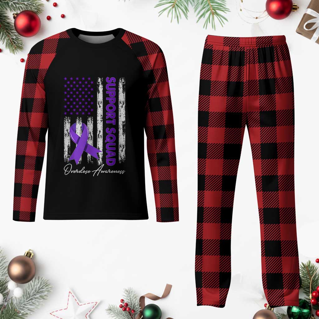 Support Squad Overdose Awareness Plaid Pajama Set Purple Ribbon American Flag Graphic