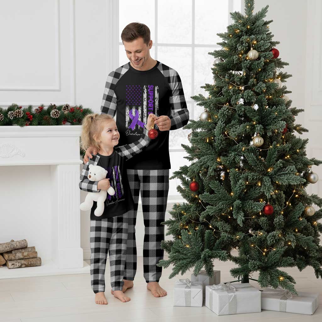 Support Squad Overdose Awareness Plaid Pajama Set Purple Ribbon American Flag Graphic