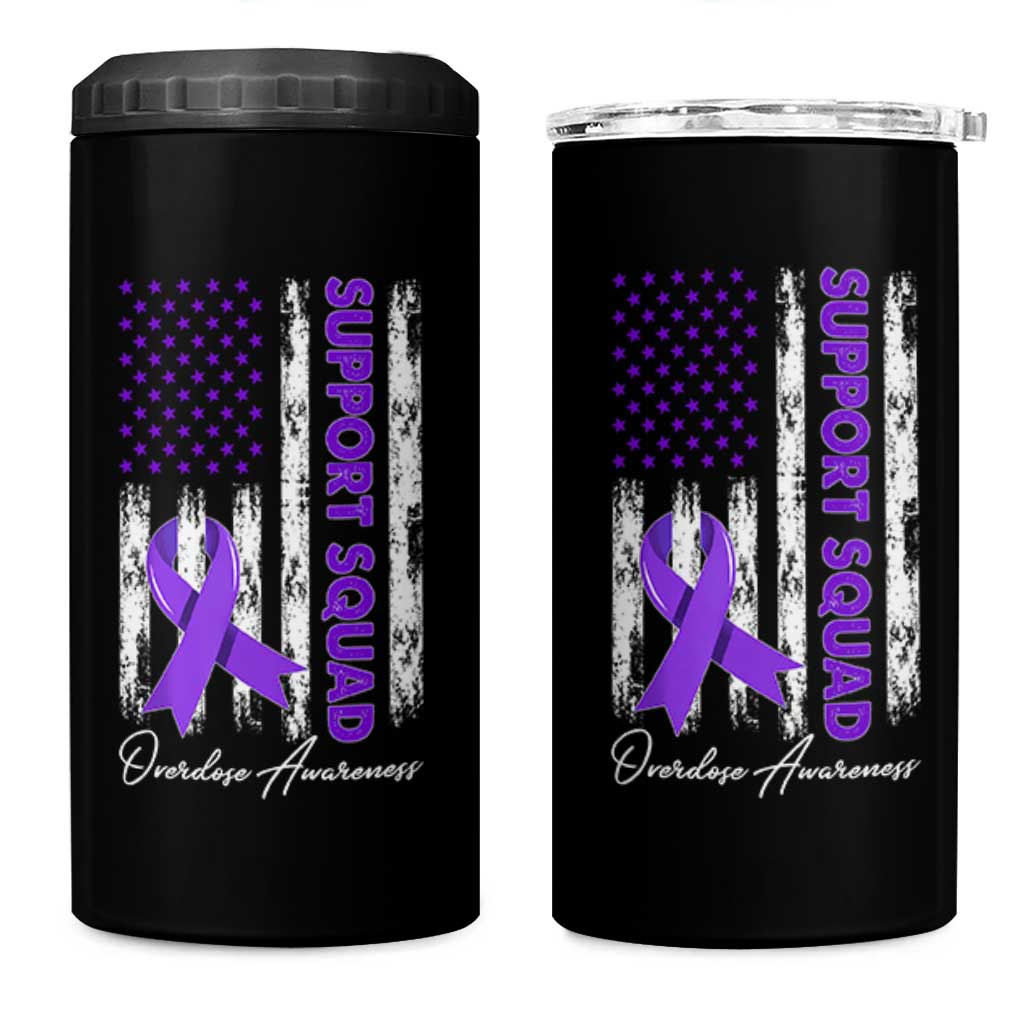 Support Squad Overdose Awareness 4 in 1 Can Cooler Tumbler Purple Ribbon American Flag Graphic