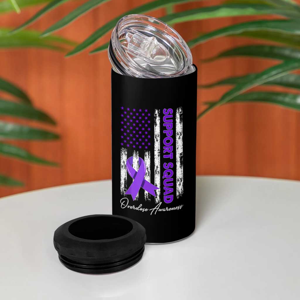 Support Squad Overdose Awareness 4 in 1 Can Cooler Tumbler Purple Ribbon American Flag Graphic