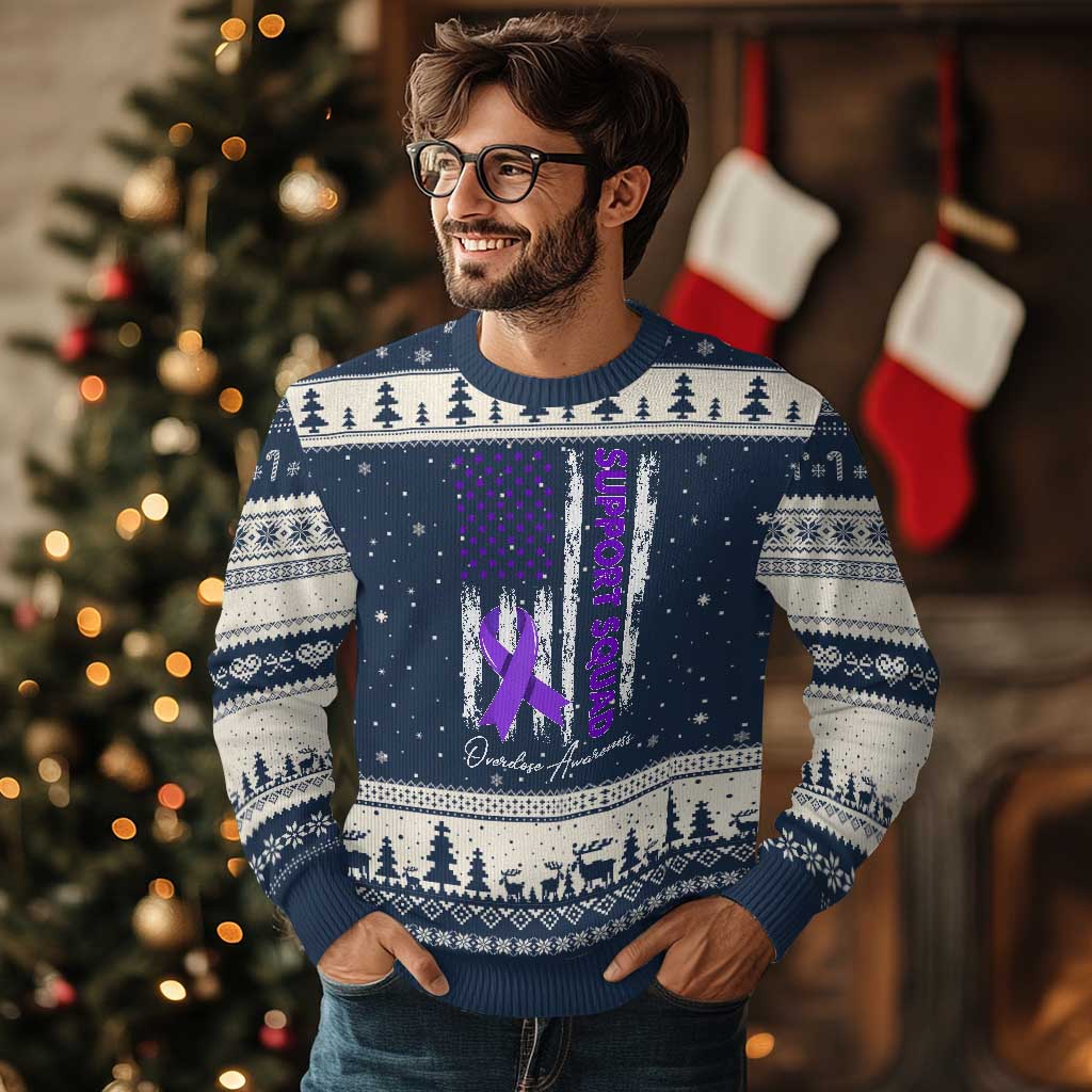 Support Squad Overdose Awareness Ugly Christmas Sweater Purple Ribbon American Flag Graphic