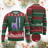 Support Squad Overdose Awareness Ugly Christmas Sweater Purple Ribbon American Flag Graphic