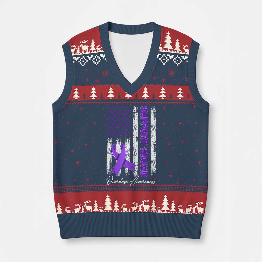 Support Squad Overdose Awareness V-Neck Knit Sweater Vest Purple Ribbon American Flag Graphic