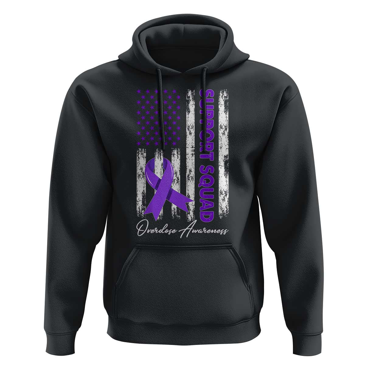 Support Squad Overdose Awareness Hoodie Purple Ribbon American Flag Graphic