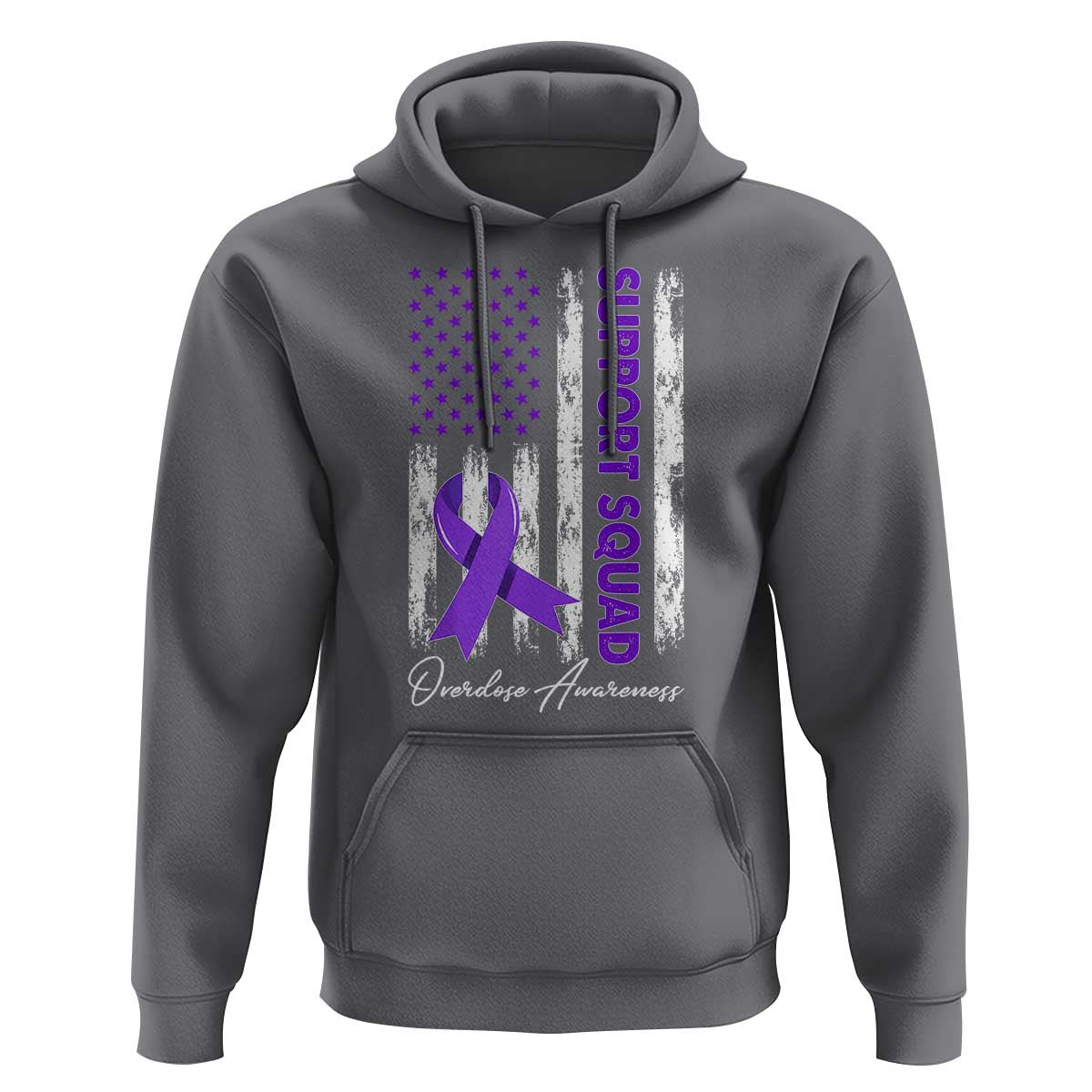 Support Squad Overdose Awareness Hoodie Purple Ribbon American Flag Graphic