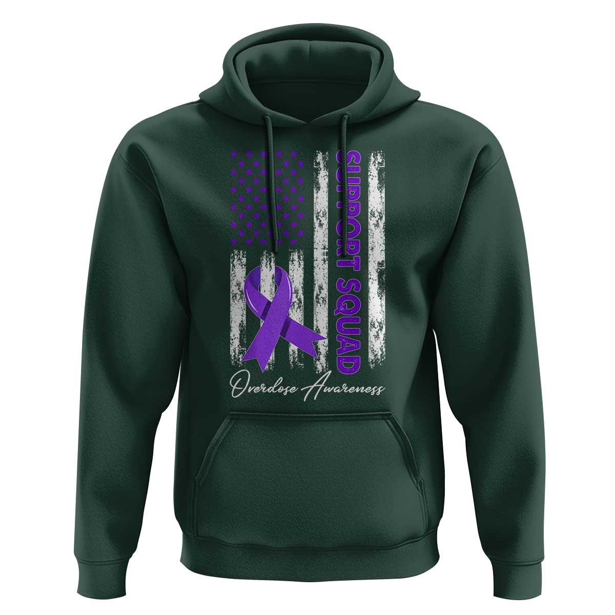 Support Squad Overdose Awareness Hoodie Purple Ribbon American Flag Graphic
