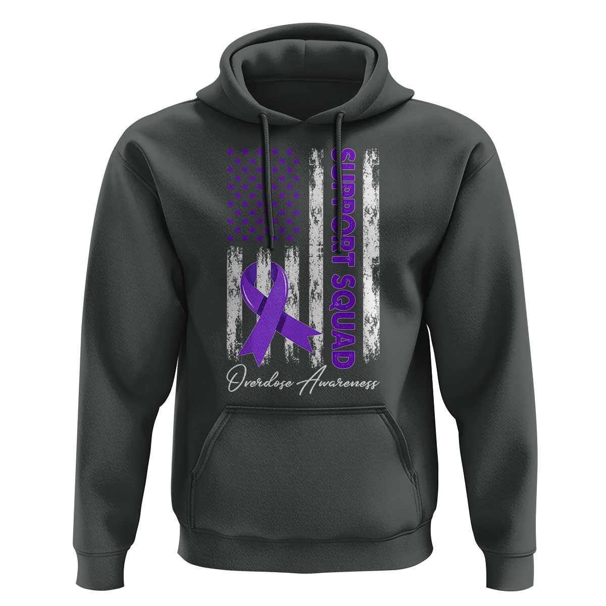 Support Squad Overdose Awareness Hoodie Purple Ribbon American Flag Graphic
