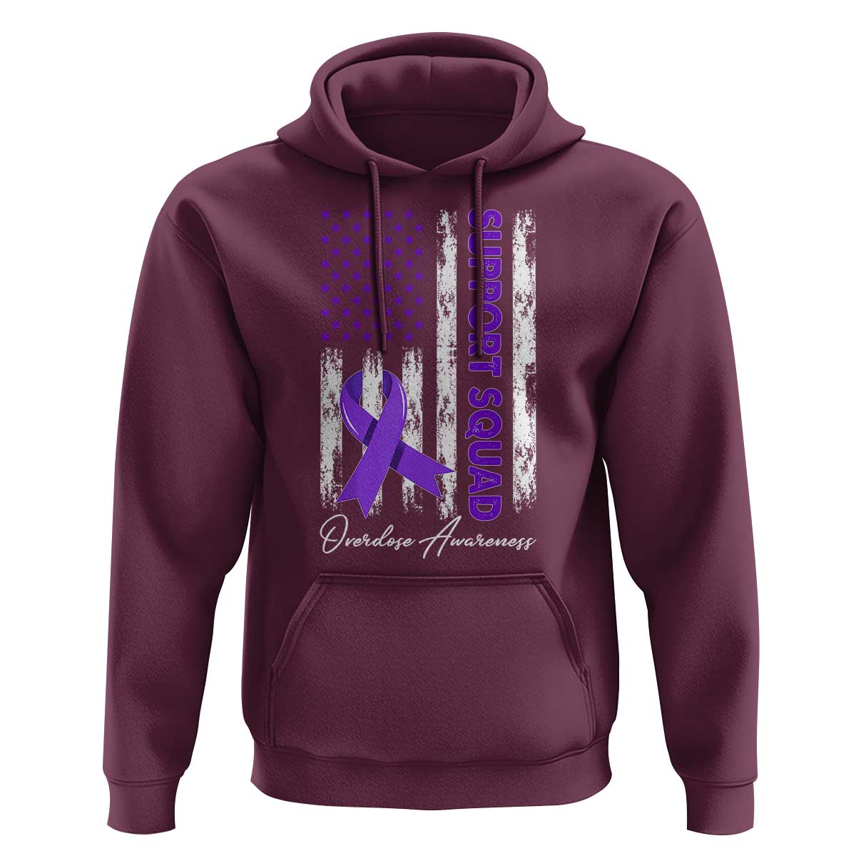 Support Squad Overdose Awareness Hoodie Purple Ribbon American Flag Graphic