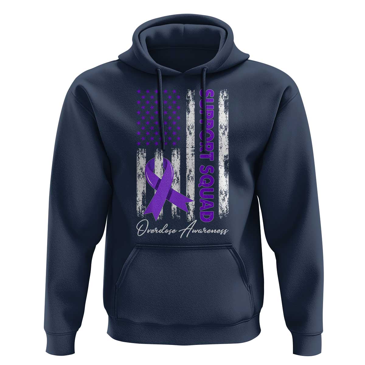 Support Squad Overdose Awareness Hoodie Purple Ribbon American Flag Graphic