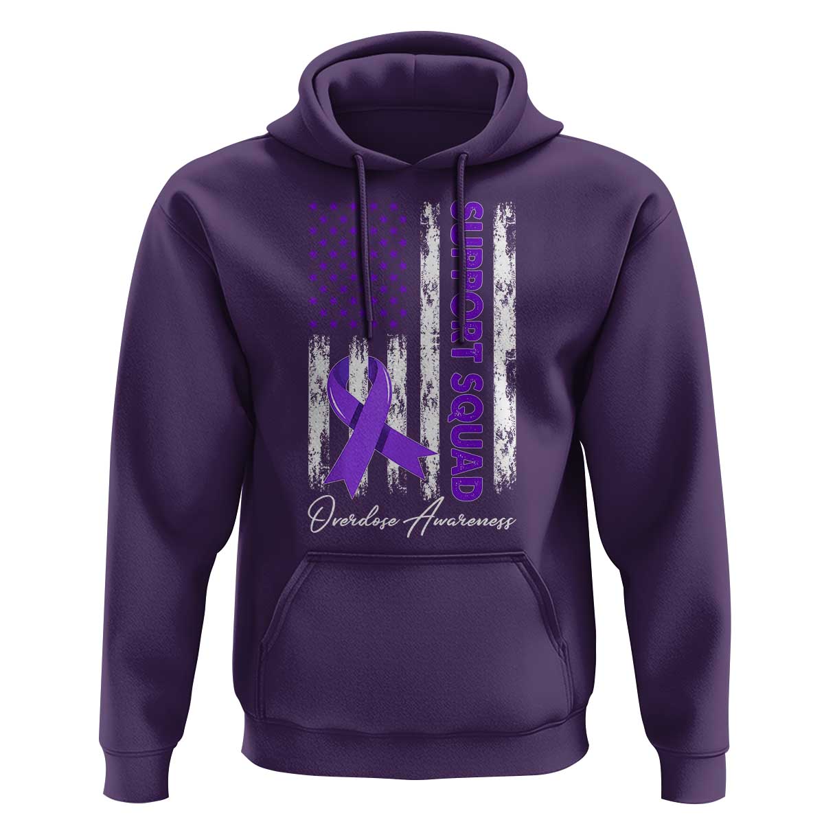 Support Squad Overdose Awareness Hoodie Purple Ribbon American Flag Graphic