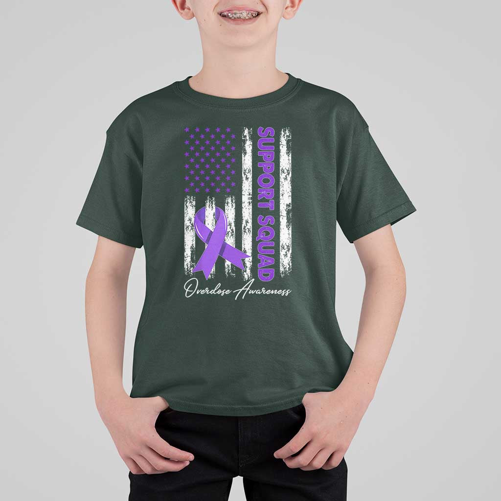 Support Squad Overdose Awareness T Shirt For Kid Purple Ribbon American Flag Graphic