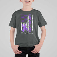 Support Squad Overdose Awareness T Shirt For Kid Purple Ribbon American Flag Graphic