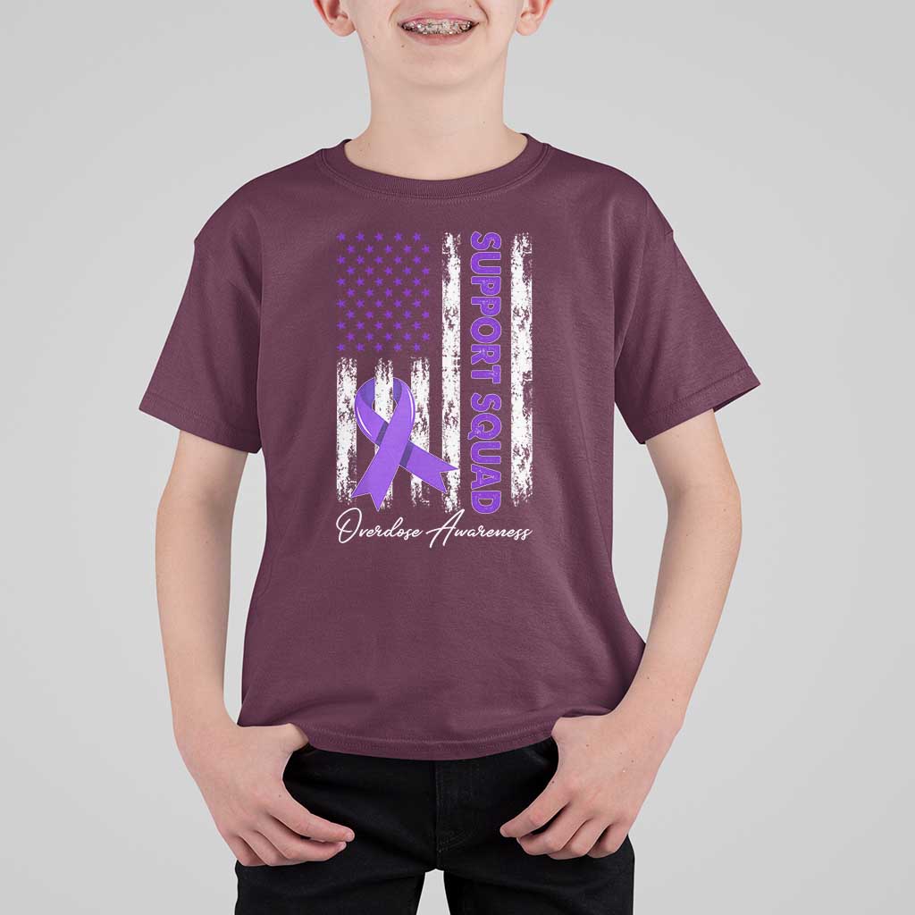 Support Squad Overdose Awareness T Shirt For Kid Purple Ribbon American Flag Graphic