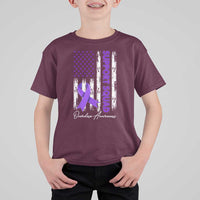 Support Squad Overdose Awareness T Shirt For Kid Purple Ribbon American Flag Graphic