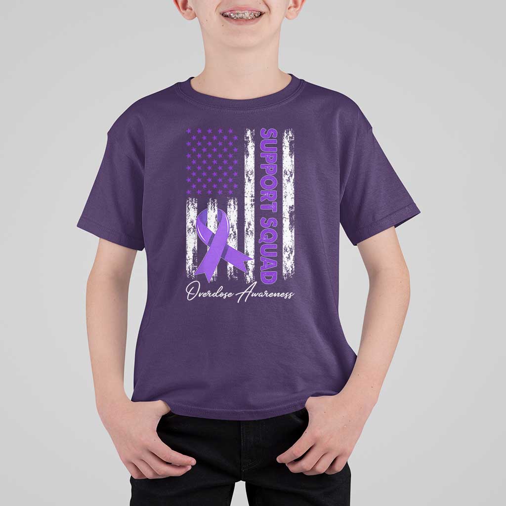 Support Squad Overdose Awareness T Shirt For Kid Purple Ribbon American Flag Graphic