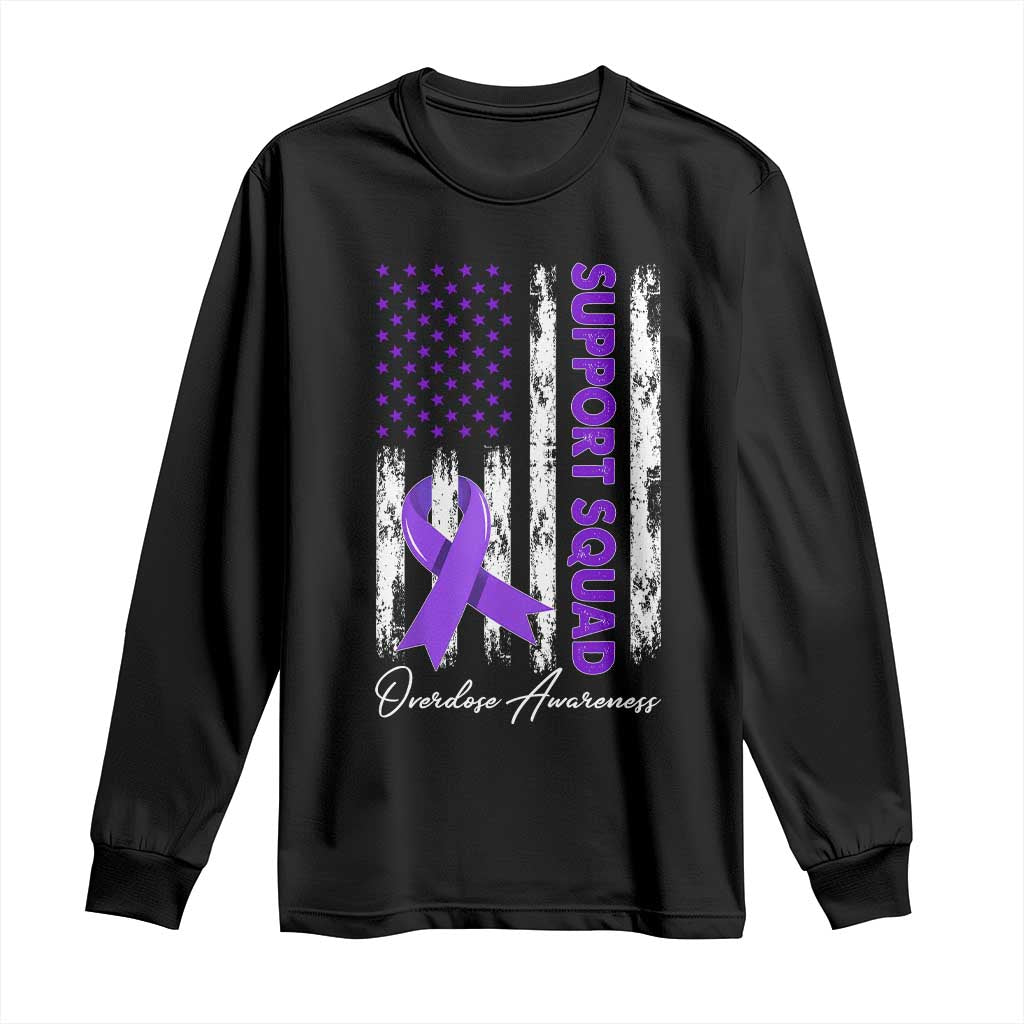Support Squad Overdose Awareness Long Sleeve Shirt Purple Ribbon American Flag Graphic