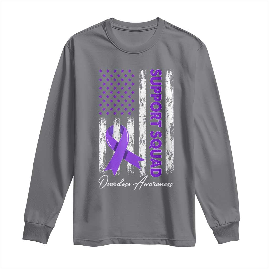 Support Squad Overdose Awareness Long Sleeve Shirt Purple Ribbon American Flag Graphic
