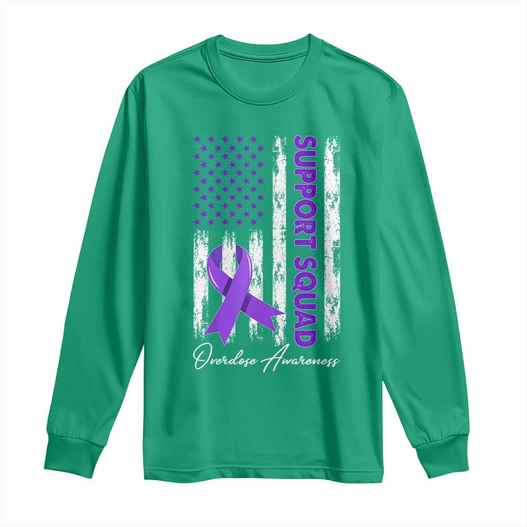 Support Squad Overdose Awareness Long Sleeve Shirt Purple Ribbon American Flag Graphic