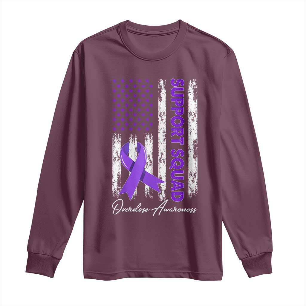 Support Squad Overdose Awareness Long Sleeve Shirt Purple Ribbon American Flag Graphic