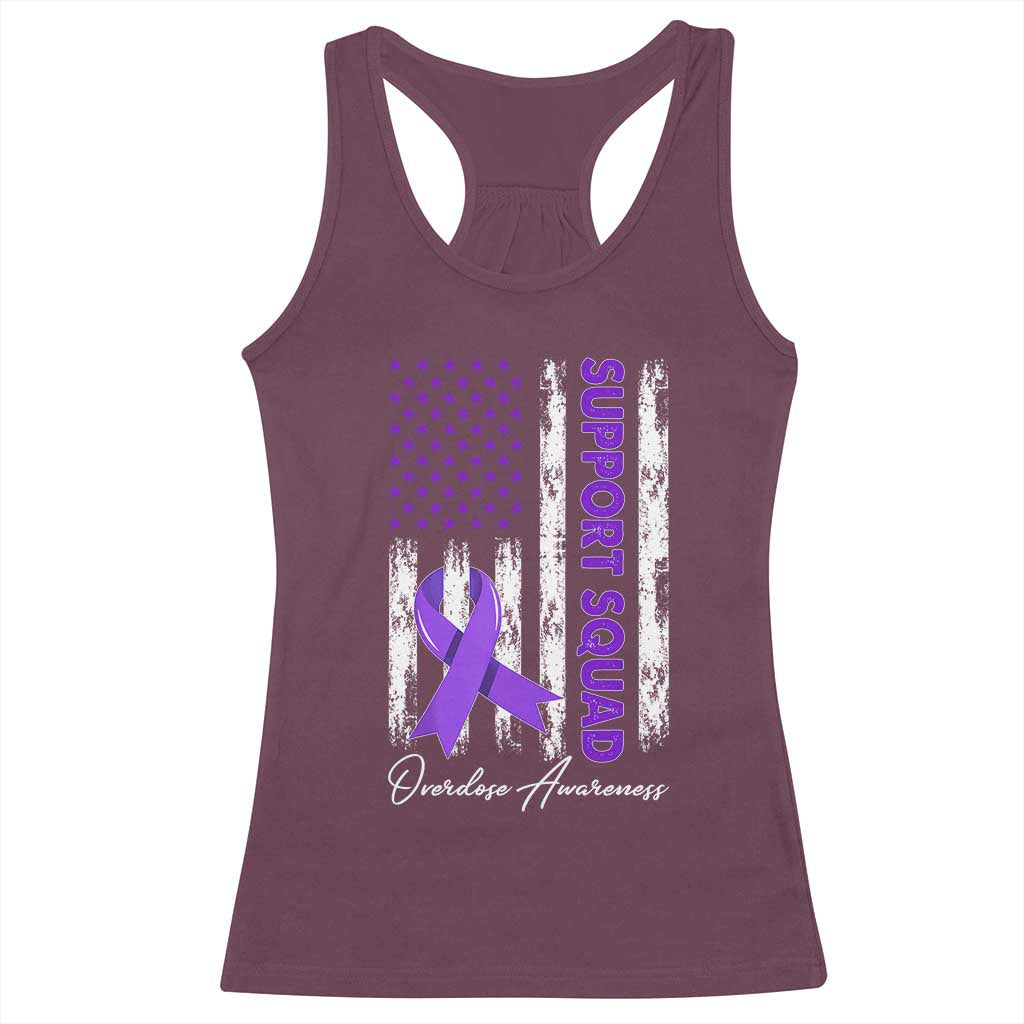 Support Squad Overdose Awareness Racerback Tank Top Purple Ribbon American Flag Graphic