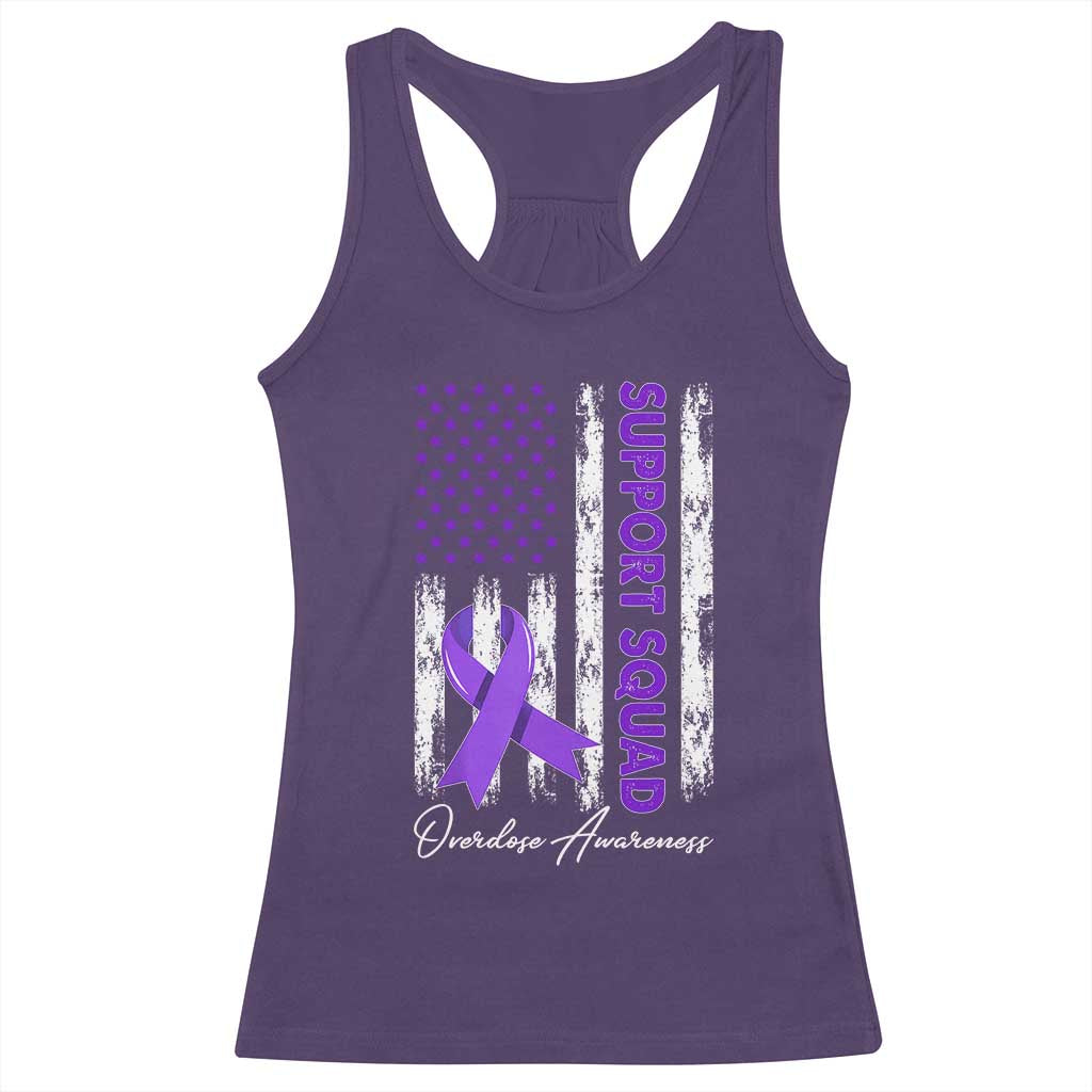 Support Squad Overdose Awareness Racerback Tank Top Purple Ribbon American Flag Graphic