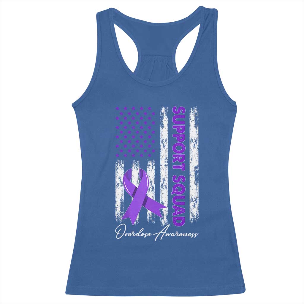 Support Squad Overdose Awareness Racerback Tank Top Purple Ribbon American Flag Graphic