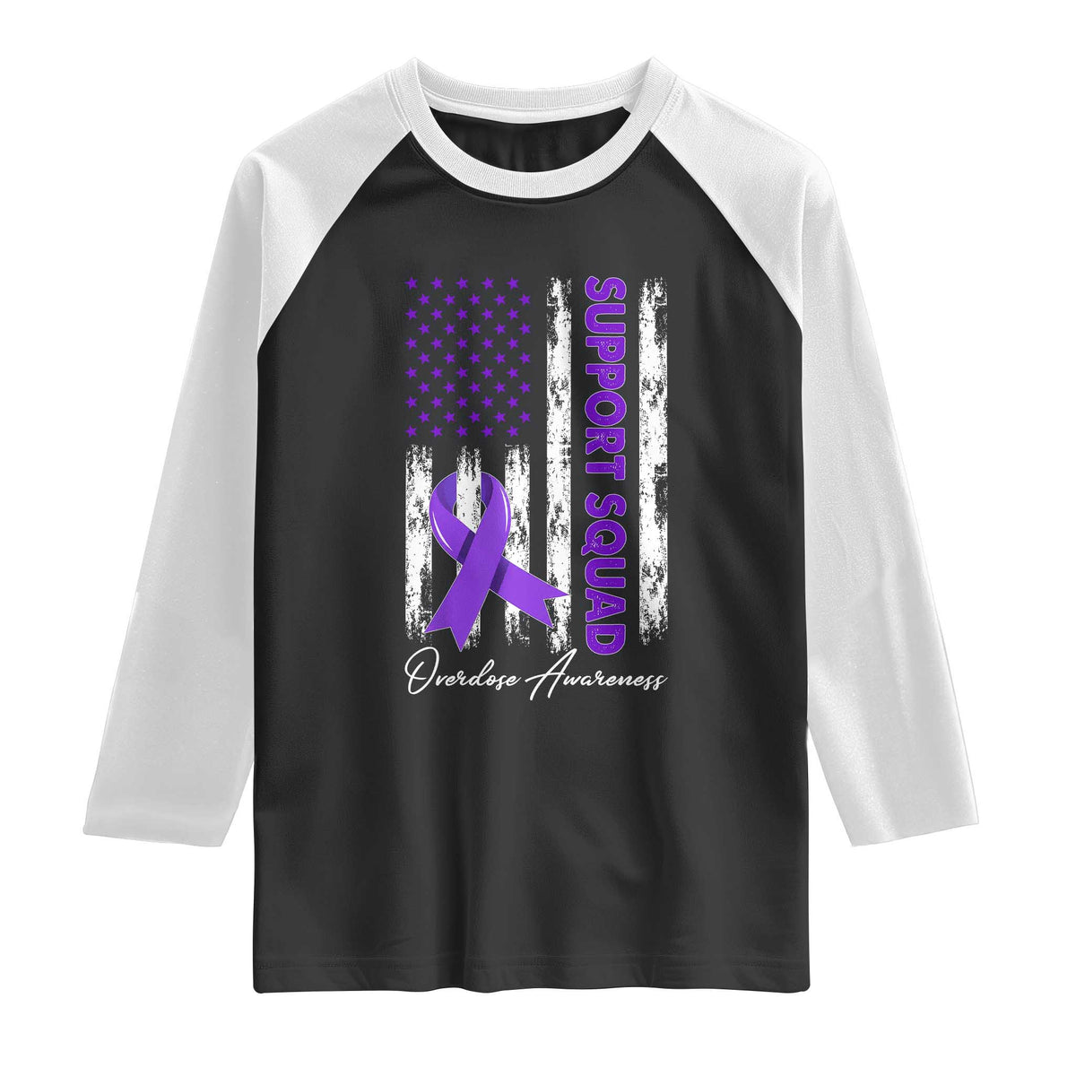 Support Squad Overdose Awareness Raglan Shirt Purple Ribbon American Flag Graphic