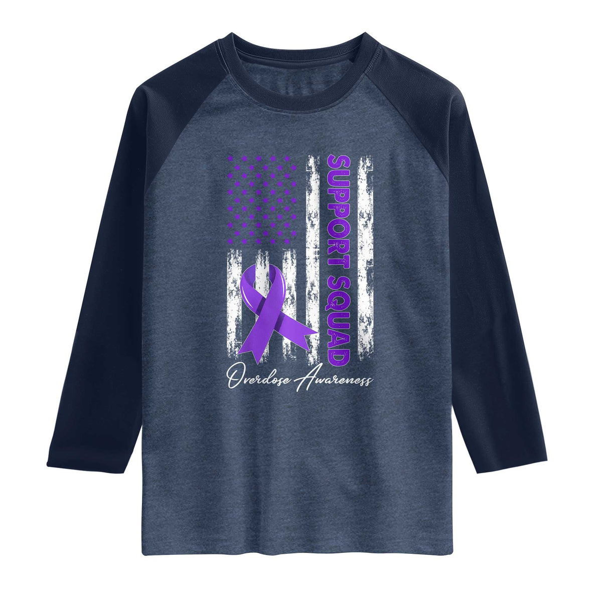 Support Squad Overdose Awareness Raglan Shirt Purple Ribbon American Flag Graphic