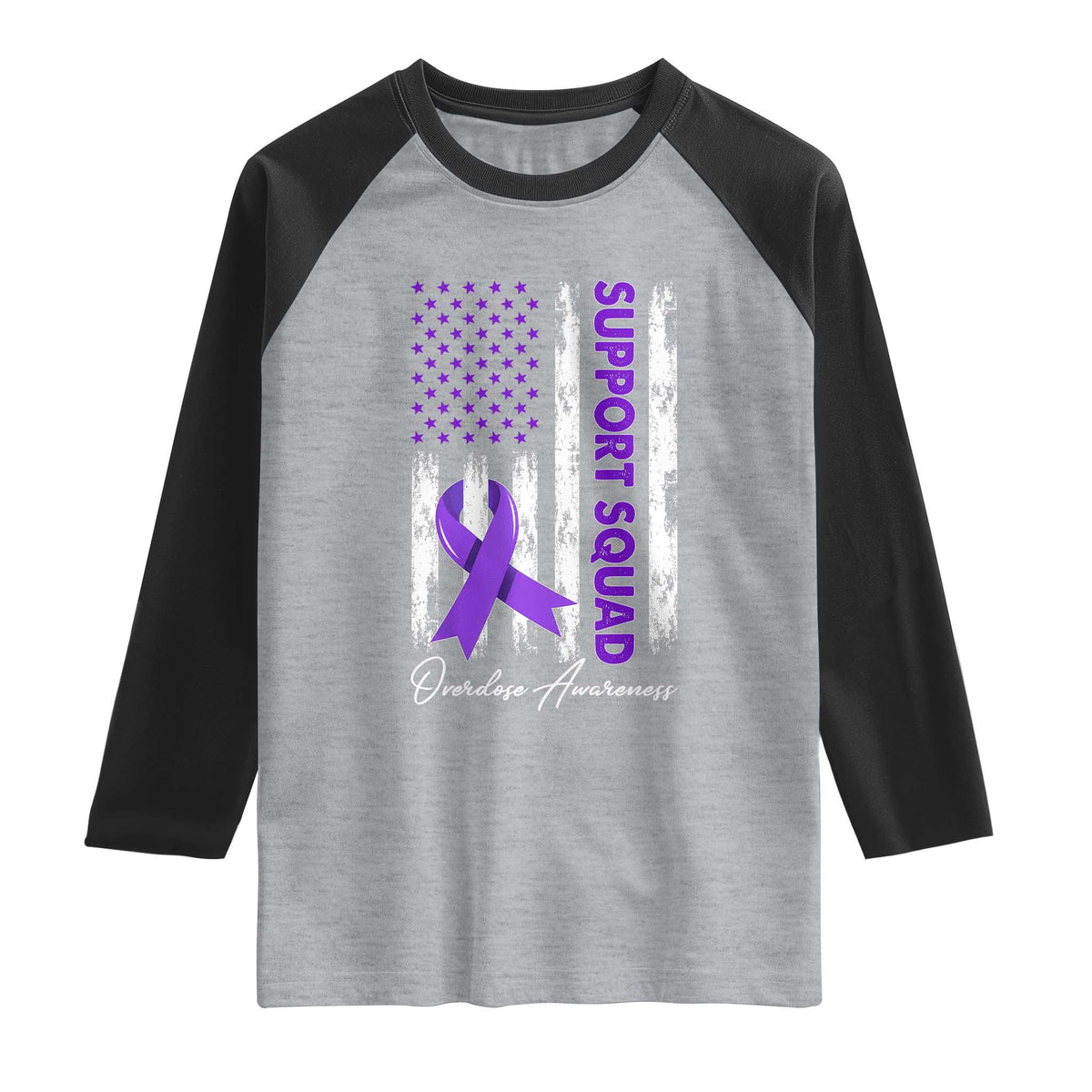 Support Squad Overdose Awareness Raglan Shirt Purple Ribbon American Flag Graphic
