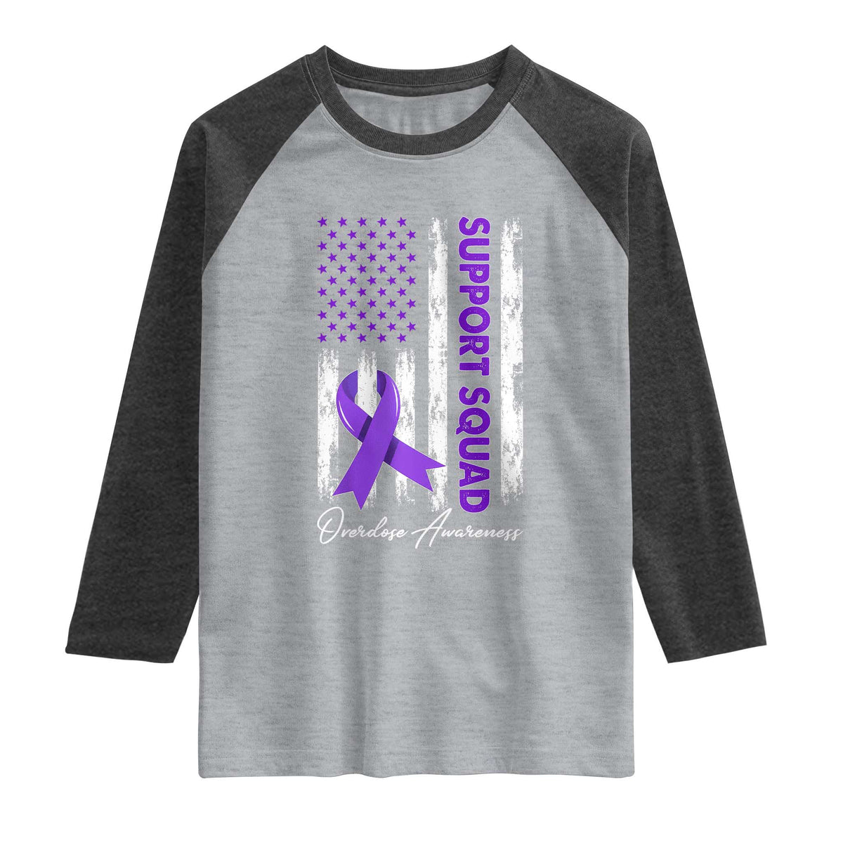 Support Squad Overdose Awareness Raglan Shirt Purple Ribbon American Flag Graphic