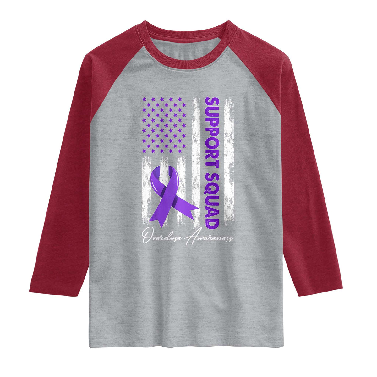Support Squad Overdose Awareness Raglan Shirt Purple Ribbon American Flag Graphic
