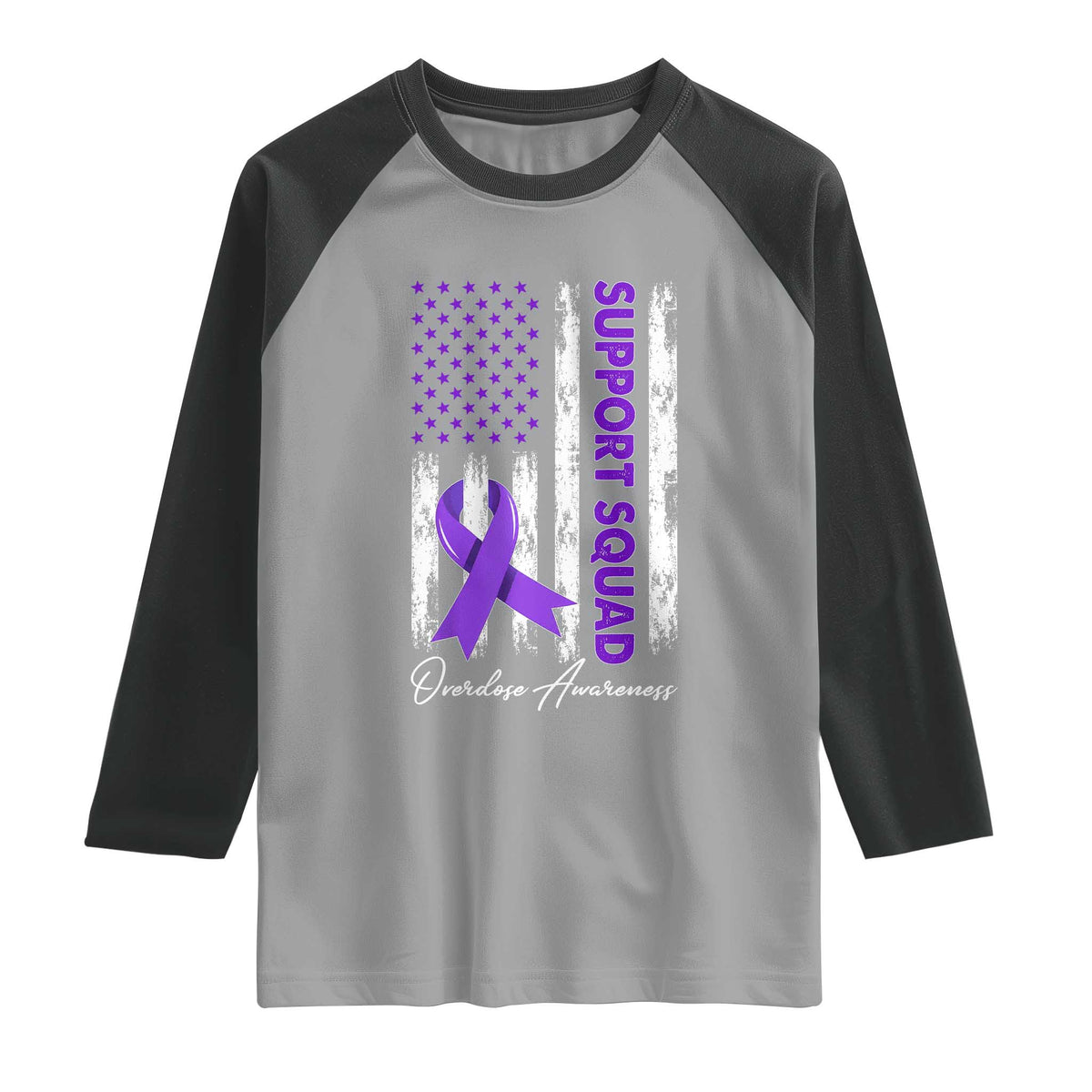 Support Squad Overdose Awareness Raglan Shirt Purple Ribbon American Flag Graphic