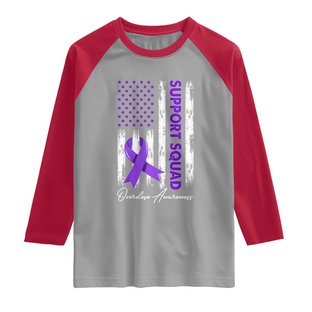 Support Squad Overdose Awareness Raglan Shirt Purple Ribbon American Flag Graphic
