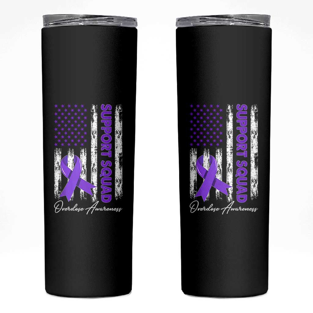Support Squad Overdose Awareness Skinny Tumbler Purple Ribbon American Flag Graphic