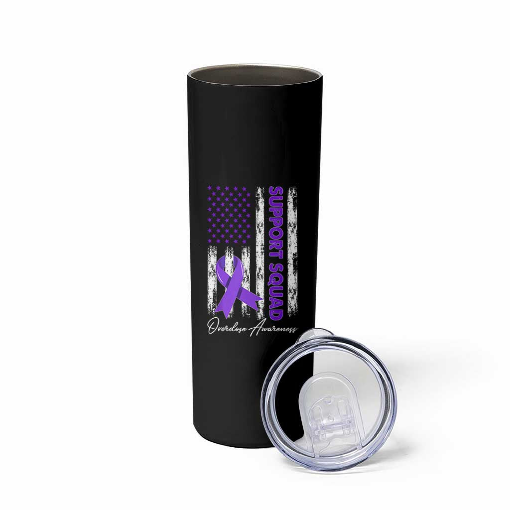 Support Squad Overdose Awareness Skinny Tumbler Purple Ribbon American Flag Graphic