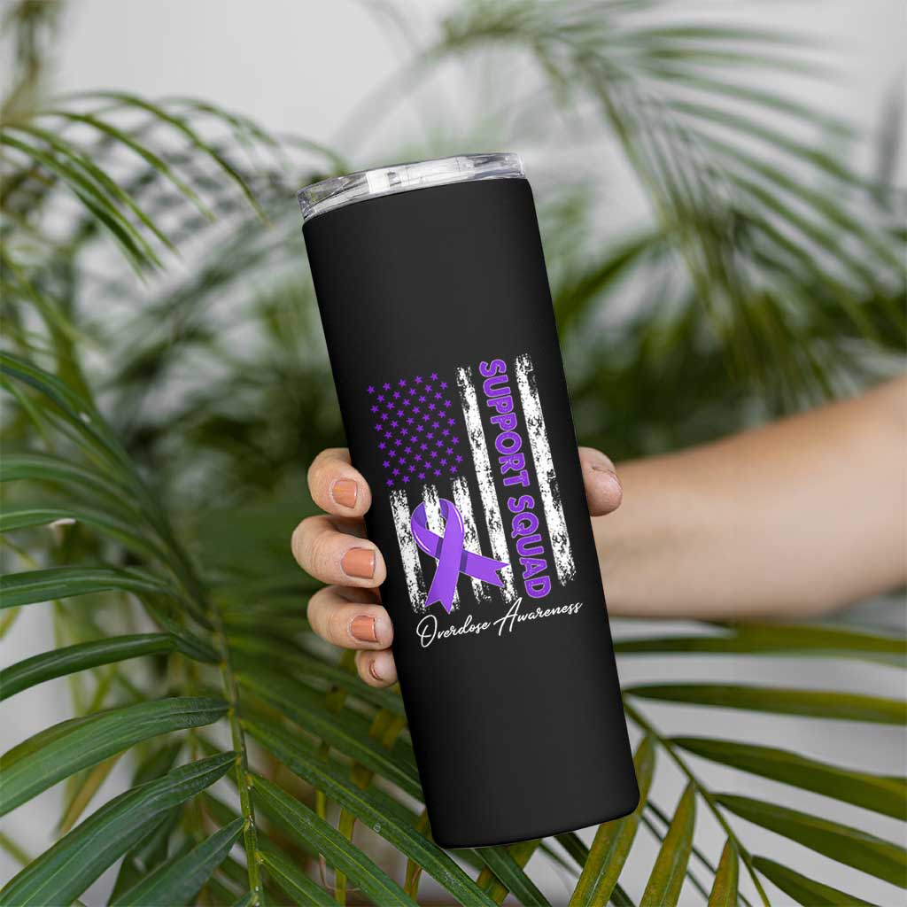 Support Squad Overdose Awareness Skinny Tumbler Purple Ribbon American Flag Graphic