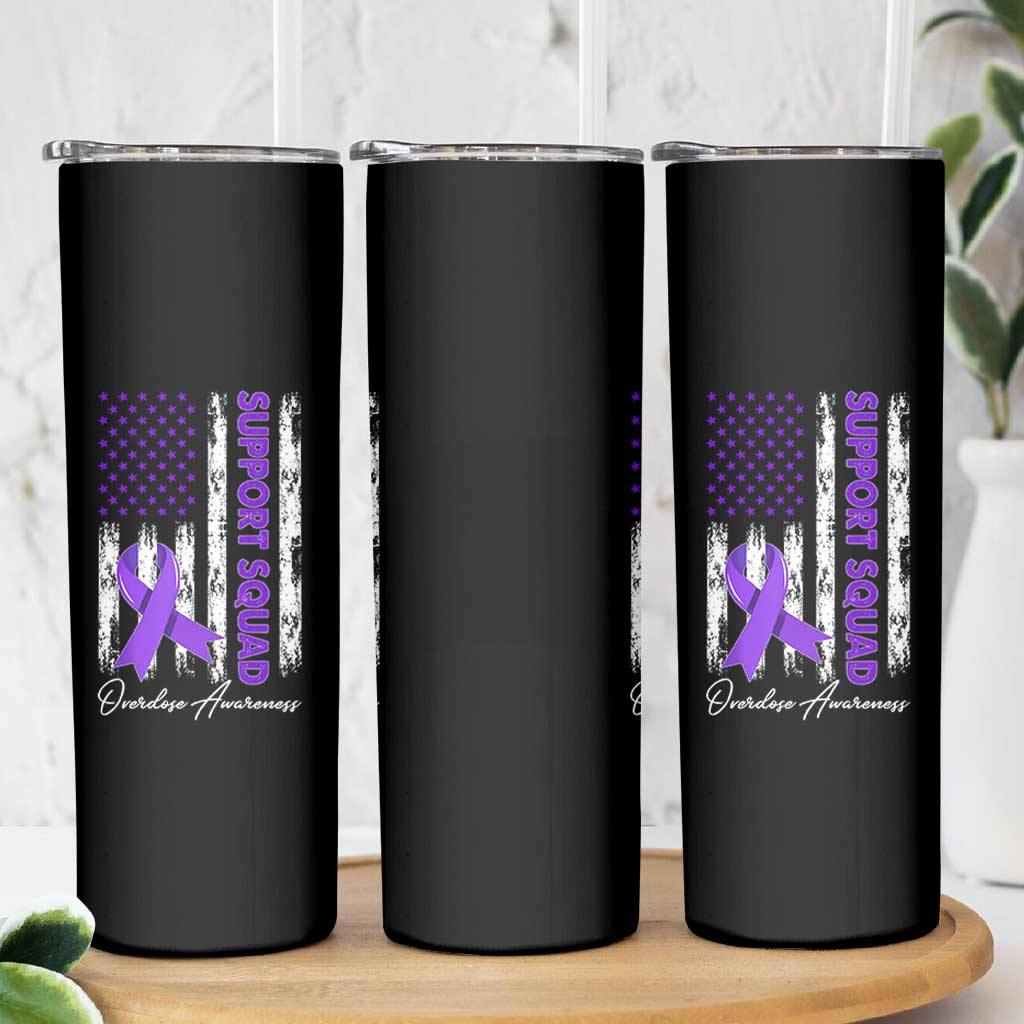 Support Squad Overdose Awareness Skinny Tumbler Purple Ribbon American Flag Graphic