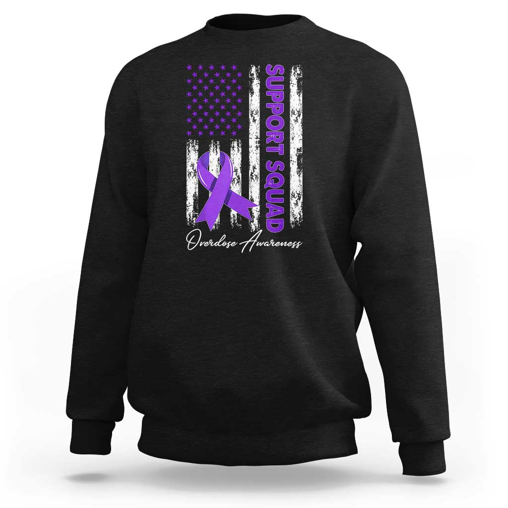 Support Squad Overdose Awareness Sweatshirt Purple Ribbon American Flag Graphic