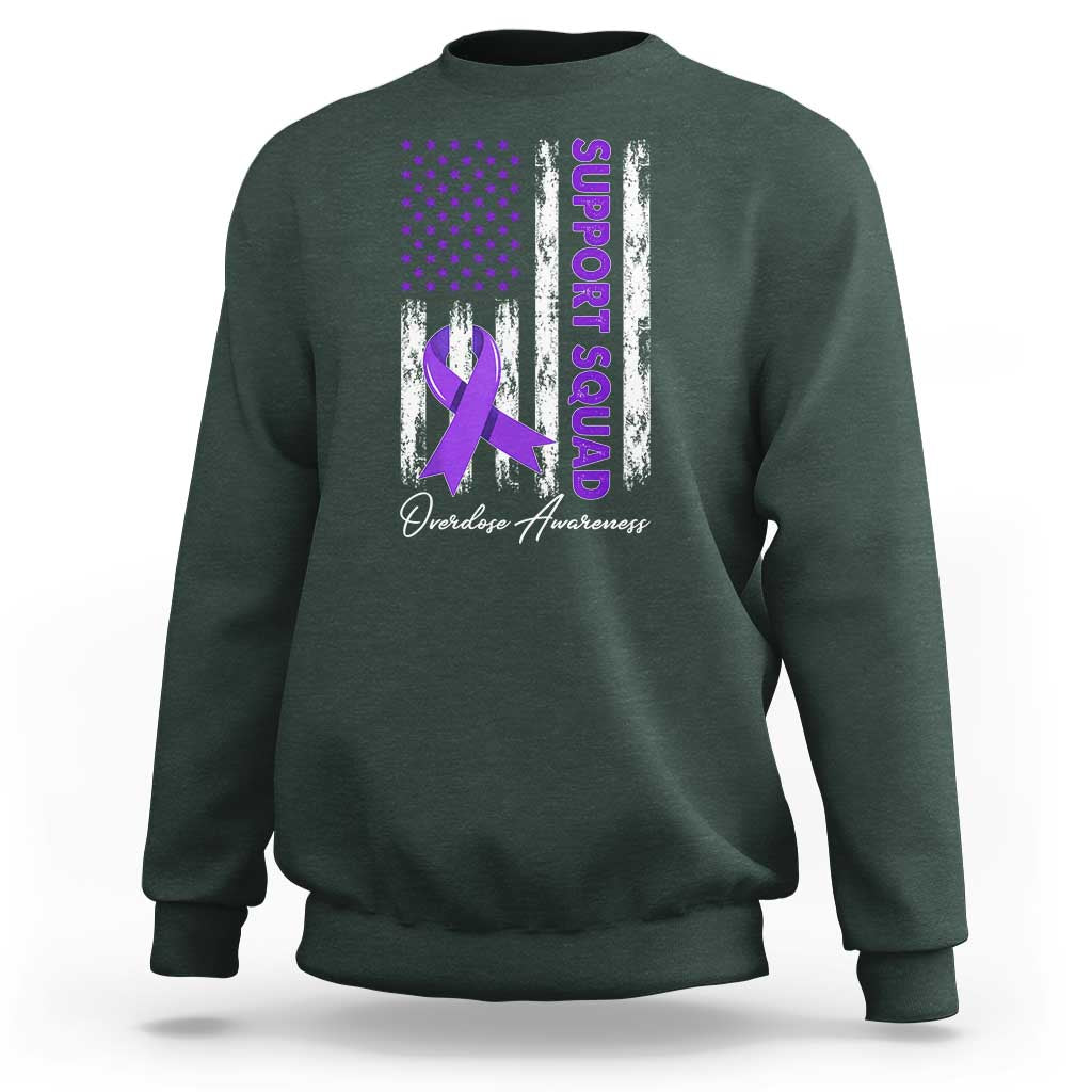 Support Squad Overdose Awareness Sweatshirt Purple Ribbon American Flag Graphic