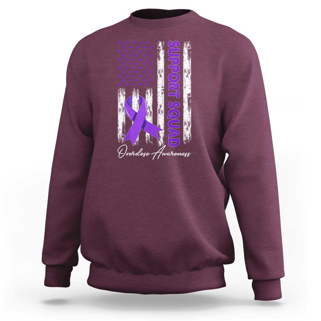 Support Squad Overdose Awareness Sweatshirt Purple Ribbon American Flag Graphic
