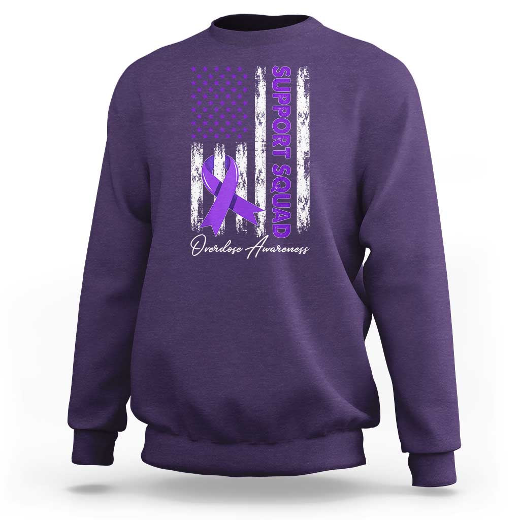 Support Squad Overdose Awareness Sweatshirt Purple Ribbon American Flag Graphic