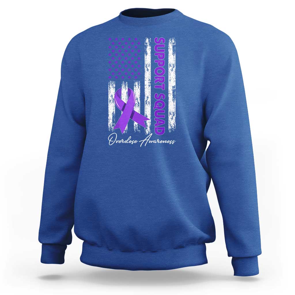 Support Squad Overdose Awareness Sweatshirt Purple Ribbon American Flag Graphic
