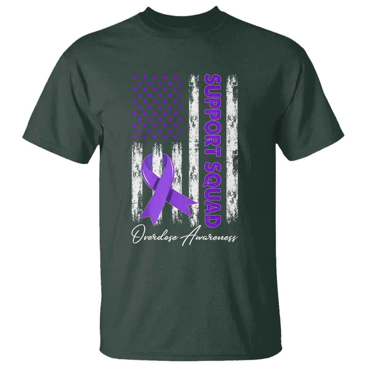 Support Squad Overdose Awareness T Shirt Purple Ribbon American Flag Graphic