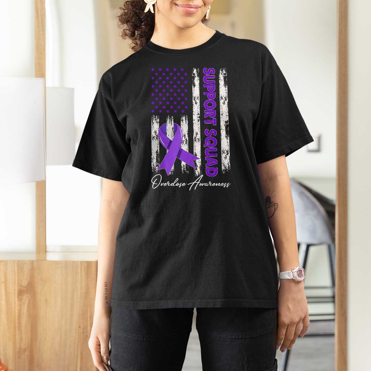 Support Squad Overdose Awareness T Shirt For Women Purple Ribbon American Flag Graphic
