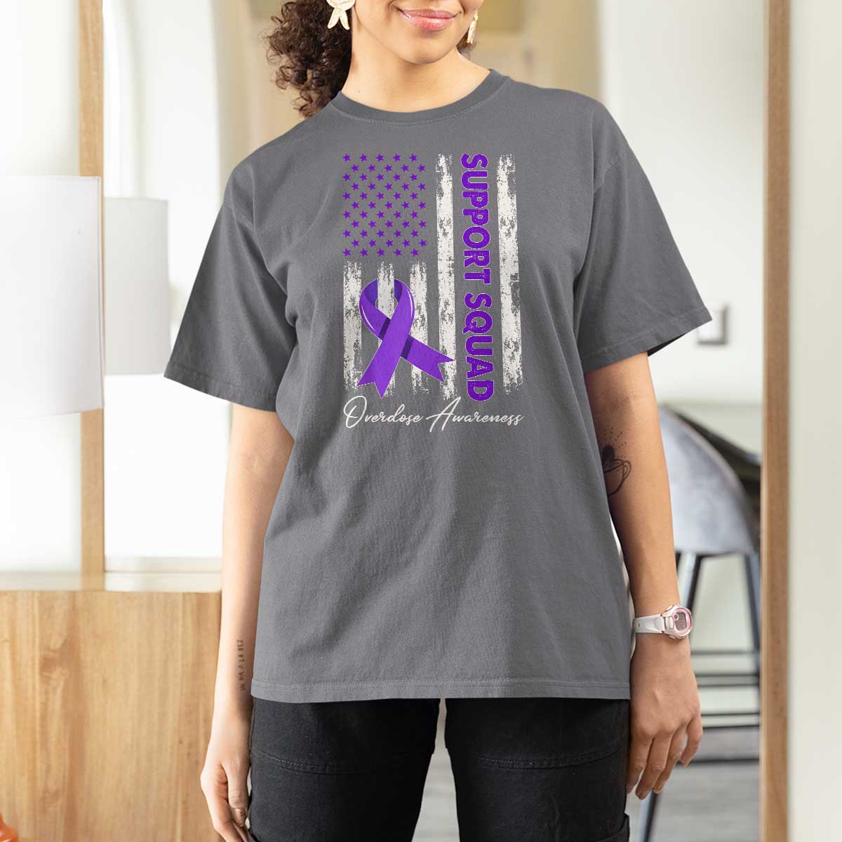 Support Squad Overdose Awareness T Shirt For Women Purple Ribbon American Flag Graphic