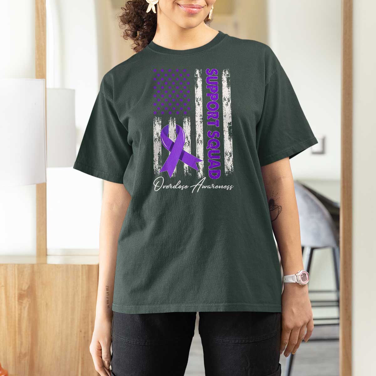 Support Squad Overdose Awareness T Shirt For Women Purple Ribbon American Flag Graphic