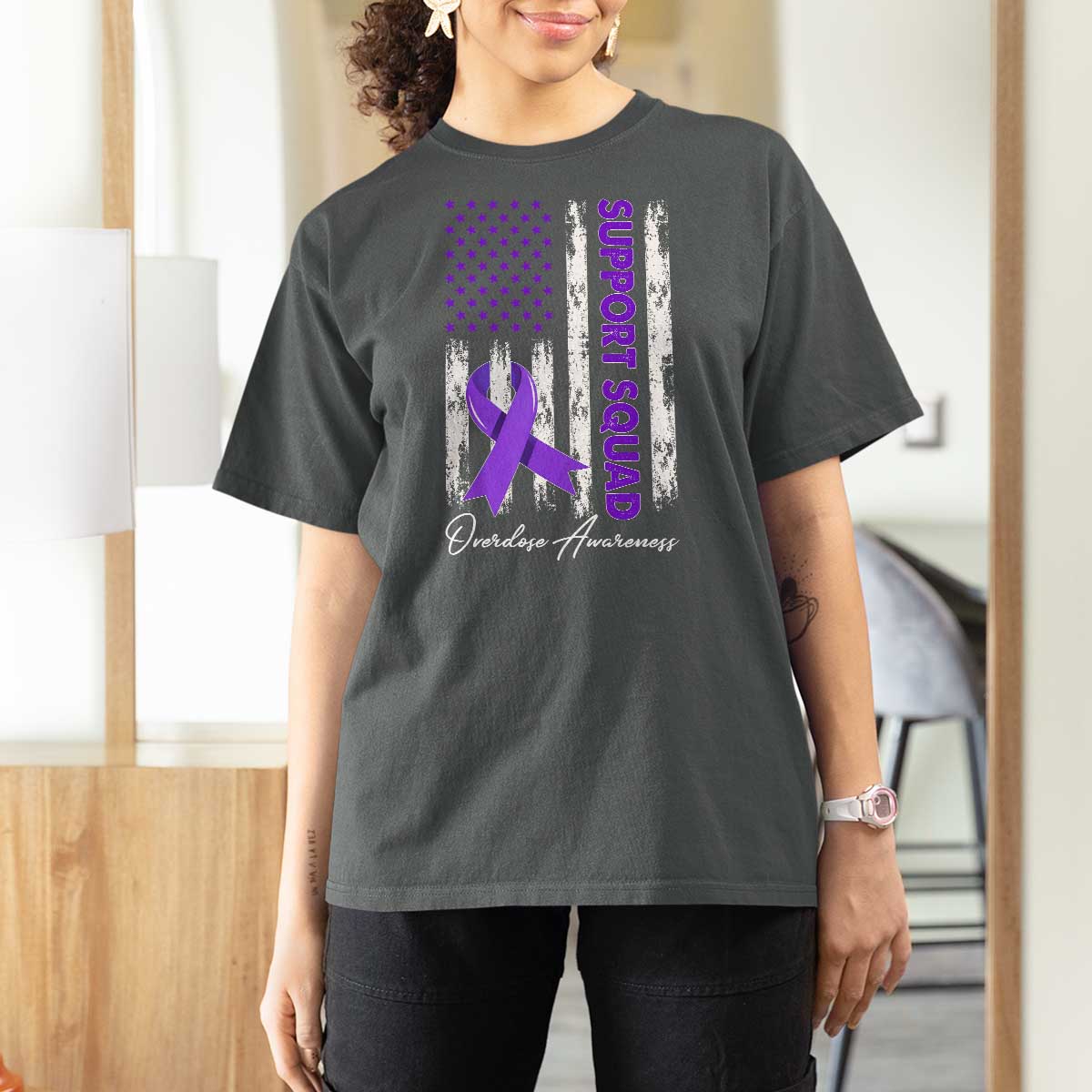 Support Squad Overdose Awareness T Shirt For Women Purple Ribbon American Flag Graphic