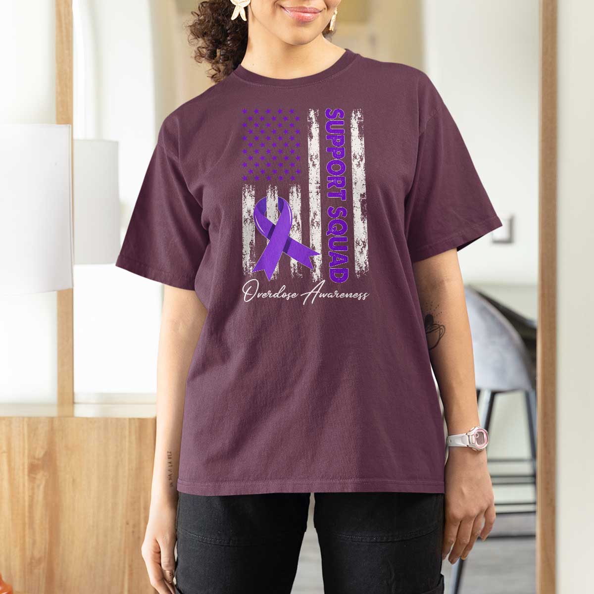Support Squad Overdose Awareness T Shirt For Women Purple Ribbon American Flag Graphic