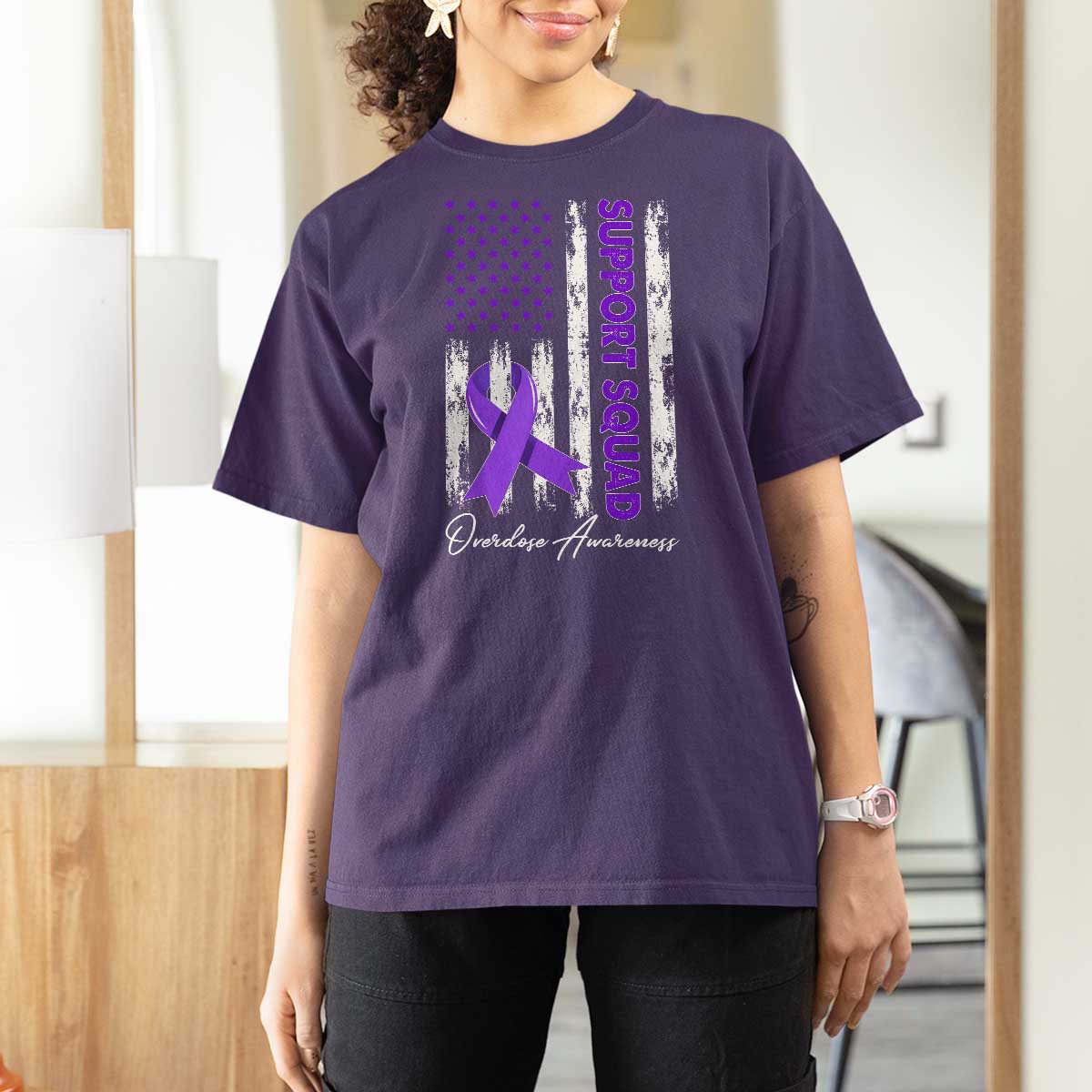 Support Squad Overdose Awareness T Shirt For Women Purple Ribbon American Flag Graphic